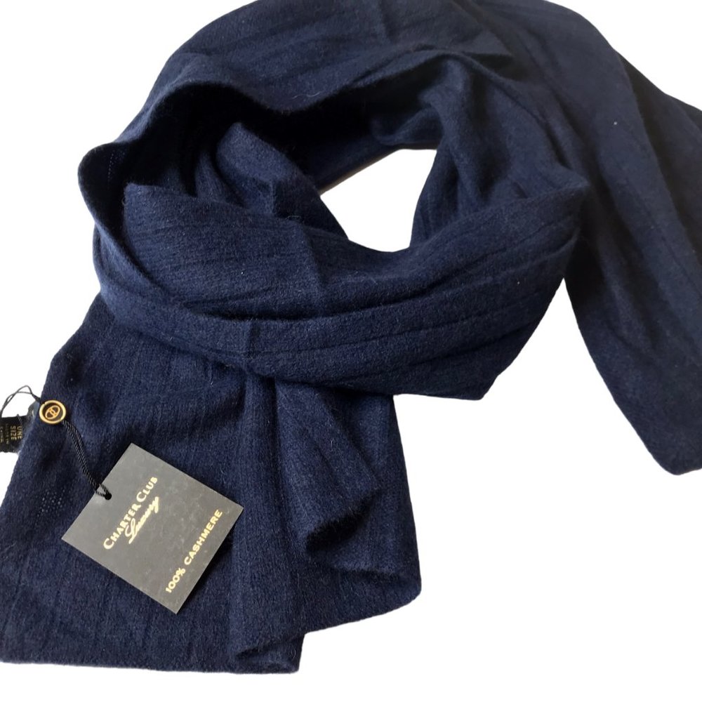 New NWT Charter Club 100% CASHMERE Blue Scarf, Ribbed, Warm, Luxury Great Gift